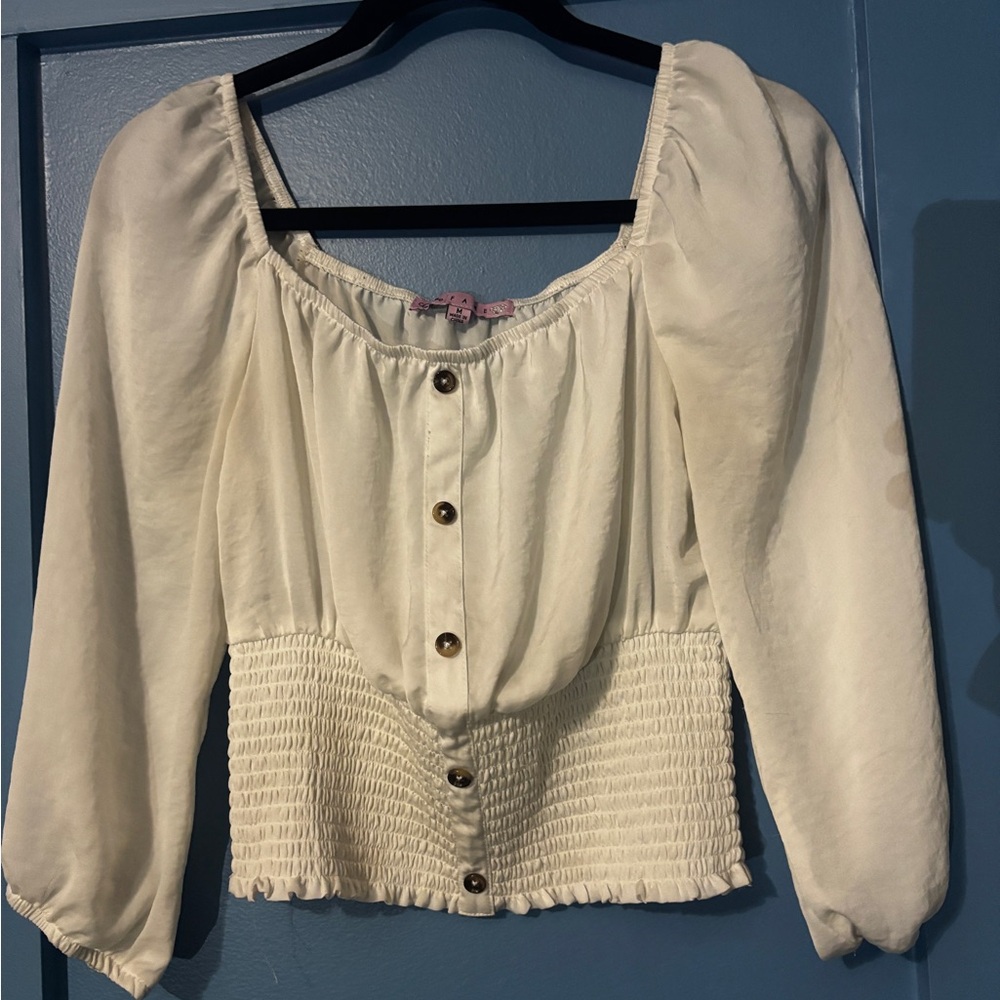 Cream Smocked Puff Sleeve Blouse